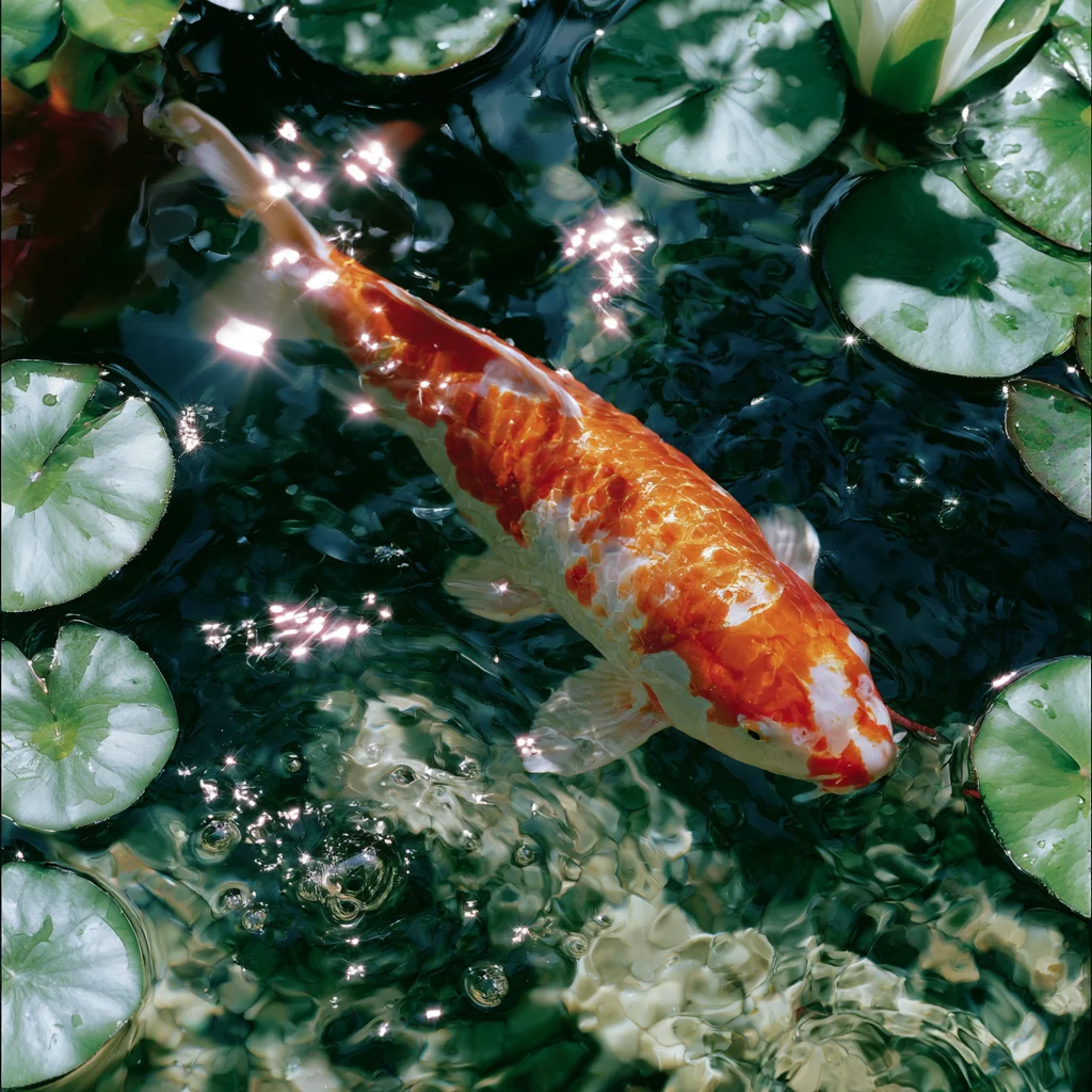 Lily pads and dark water, an orange koi turning below the surface.