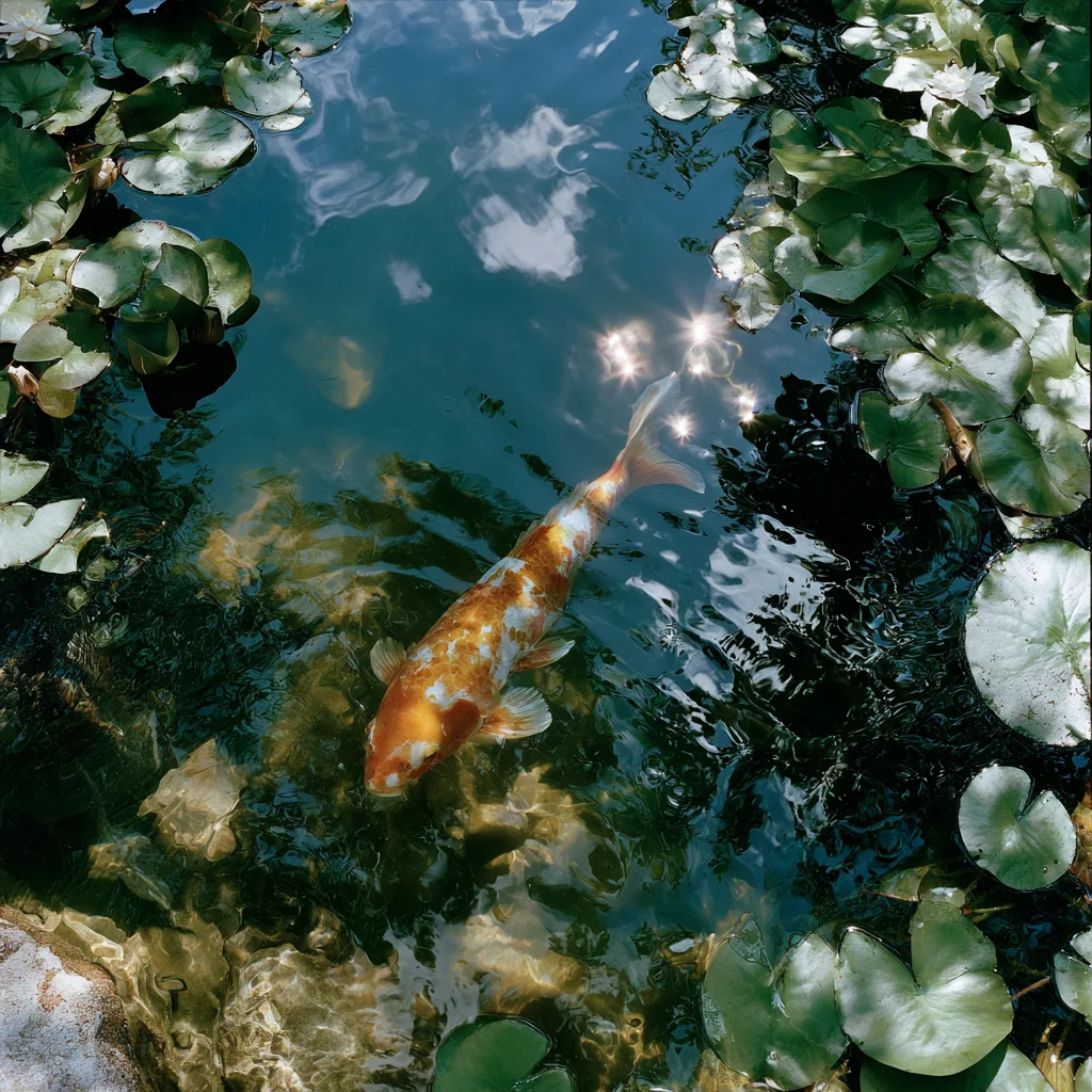 Koi drifting through dark water.