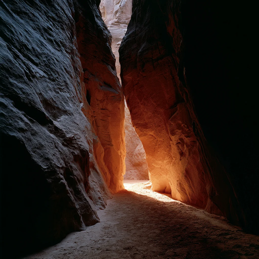Light reaching the floor of a narrow sandstone canyon.